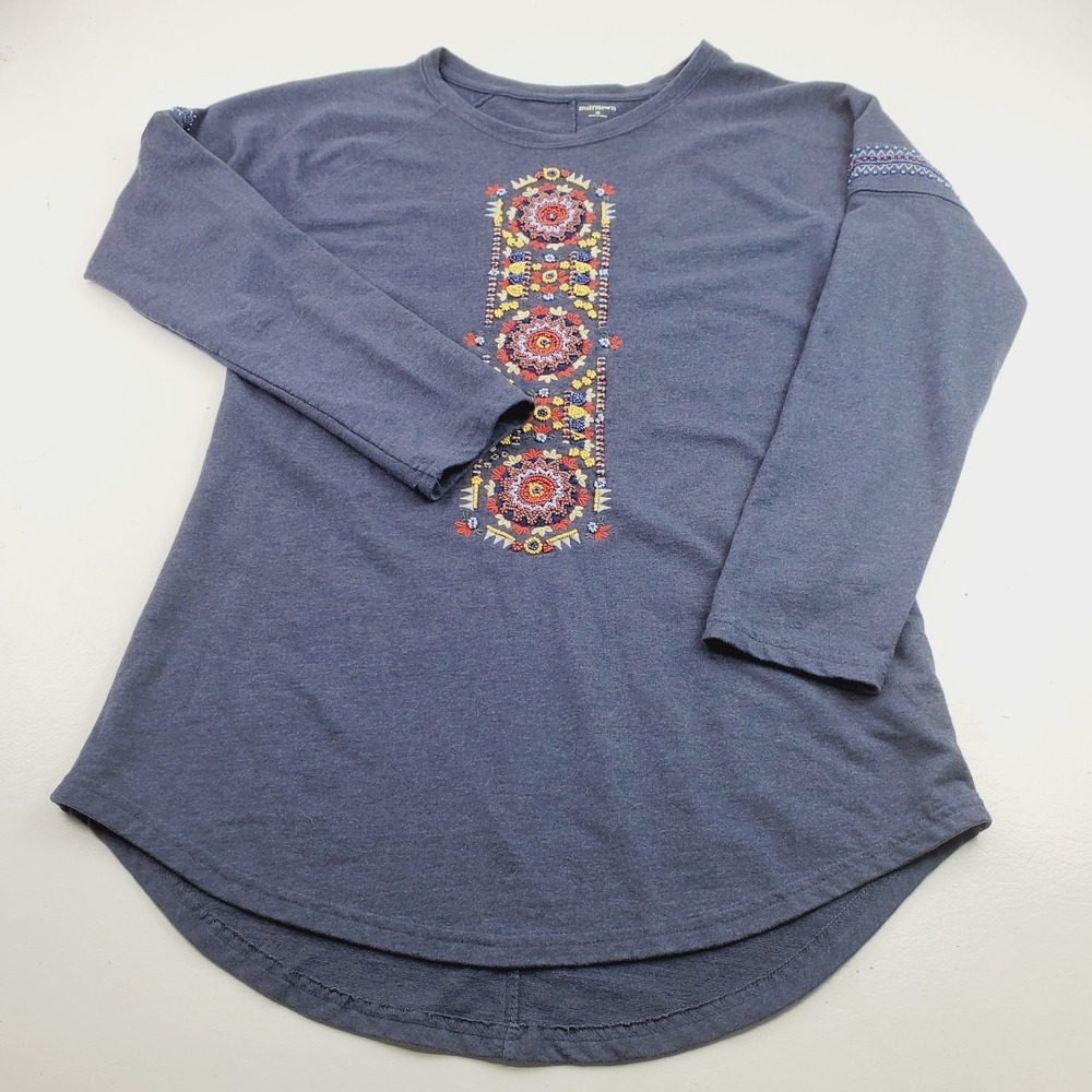Ruff Hewn Blue Embroidered Beaded Pullover Tunic Length Top, Size M